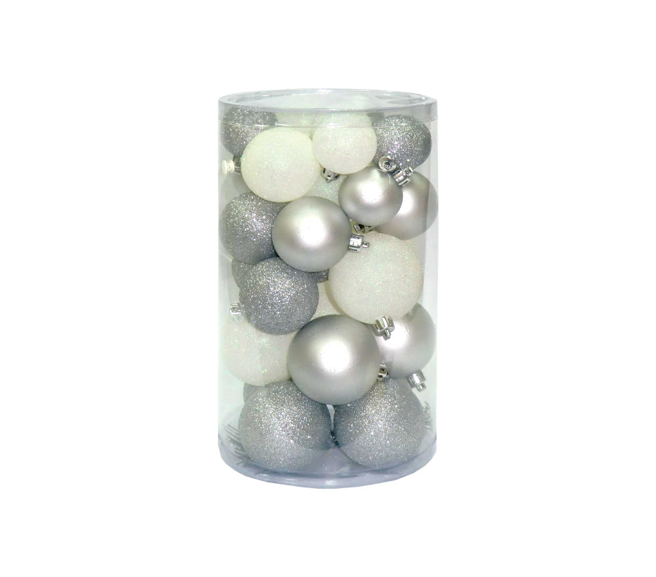 Set de 30 boules de Noël argent et blanc Ø4 à 6cm