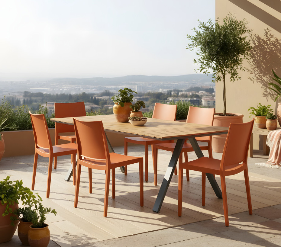 Ensemble repas CINCINNATOS - 1 table de jardin bois et 6 chaises plastiques - Ozalide