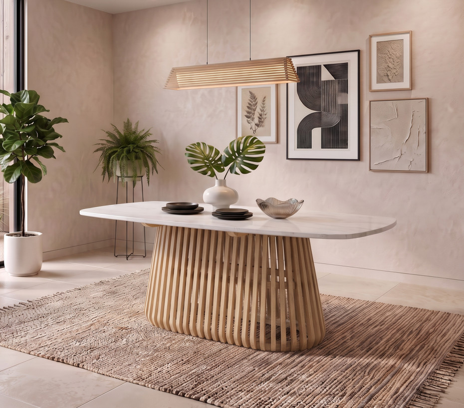 Table à manger design INKUTA 8 places en bois d'eucalyptus FSC et pierre | Ozalide